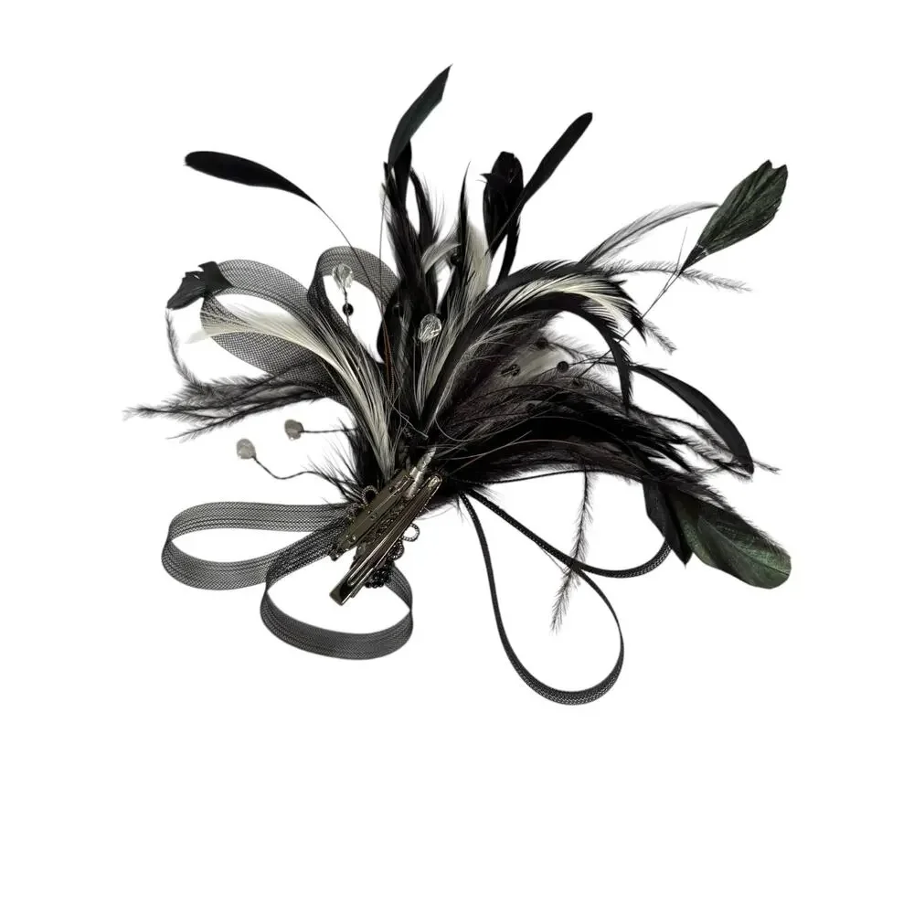 Bel Aire Bridal Black Feather Fascinator Hair Clip Mesh Beaded Formal Gothic